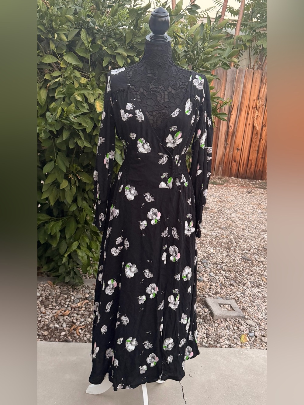 NWT Free People Black Floral Long Sleeve Wrap Maxi Dress